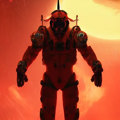Prompt: villain wearing a red oni mask, orange space suit, dark background, unreal engine 5, ultra realistic, detailed, fog, volumetric lighting, by greg rutkowski,