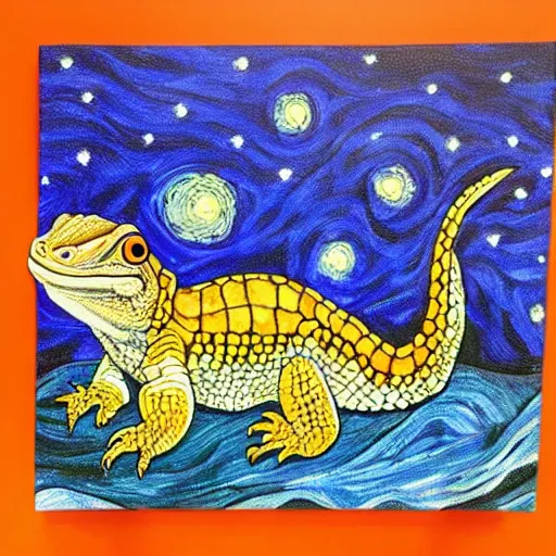 Prompt: Painting of a Bearded Dragon in the style of Starry Night