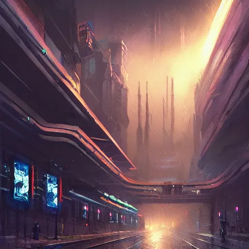 Image similar to gigantic cyberpunk megastructure, sidewalk, size comparsion, night, dramatic lighting, chiaroscuro, high detail, painted by greg rutkowski, painted by igor kieryluk, painted by raymond swanland, trending on artstation