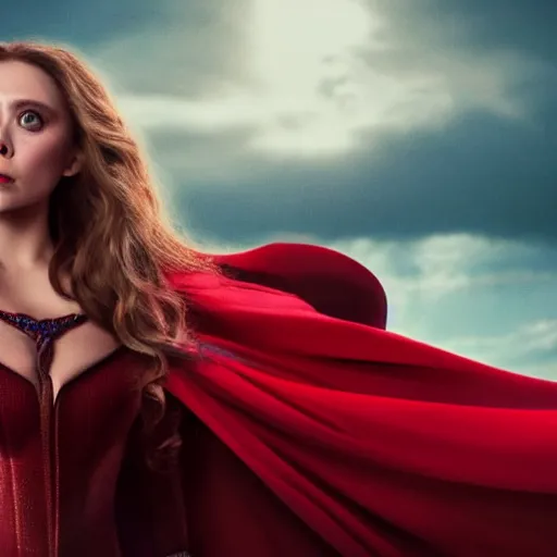 Image similar to movie still of elizabeth olsen as the scarlet witch afloat!!!!! in the air with red glowing eyes, emanating red magic!!!!! from her palms, full - body portrait, trending on artstation, 8 k quality, cgsociety contest winner, artstation hd, artstation hq, luminous lighting, beautiful cloudy atmosphere