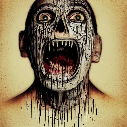 Image similar to face shredded like paper as skin peeling scream, dark, surreal, illustration, realistic horror