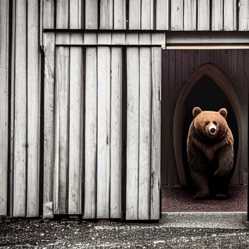 Image similar to dark photograph of a small bear mascot walking through a large wooden doorway