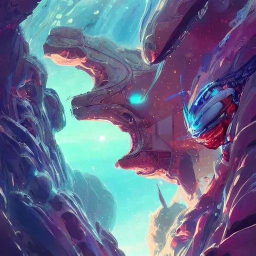 Image similar to concept art of an alien space galaxy, stars, meteorites, floating debris, beautiful, fantasy, colorful, cinematic lighting, artstation, trending, highly detailed, focus, smooth, by studio ghibli, rossdraws, hirohiko araki, conrad roset, yoshitaka amano