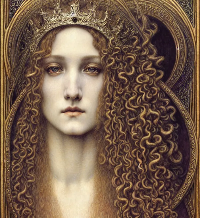 Image similar to detailed realistic beautiful young medieval queen face portrait by jean delville, gustave dore and marco mazzoni, art nouveau, symbolist, visionary, gothic, pre - raphaelite. horizontal symmetry