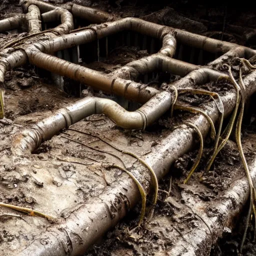 Image similar to bunker, flooded, dirty water, dense rusty pipes network, dense cables network, mold