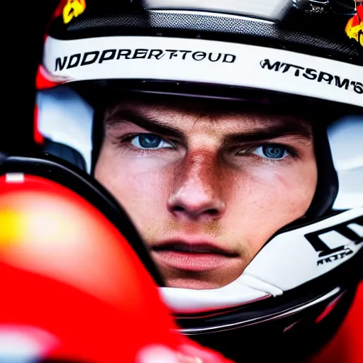 Image similar to close up of max verstappen wearing mercedes amg overall, dramatic shot, great photography, ambient light, l