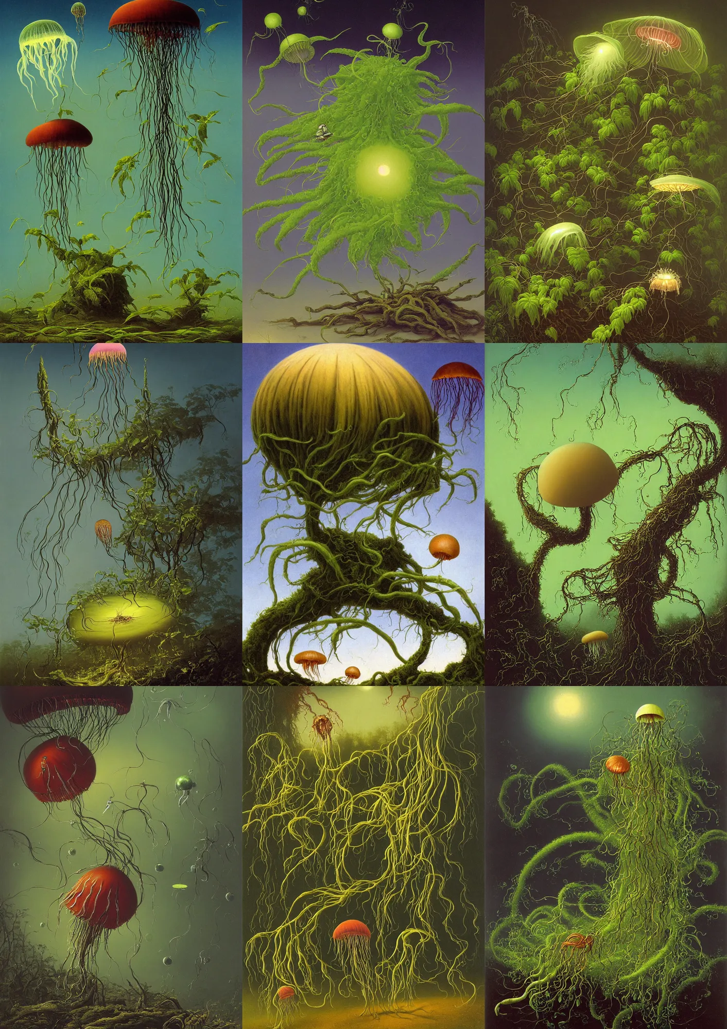 Prompt: a strange jellyfish - like alien plant with a gasbag bulb and short green leaves pulls out of the ground and flies away, dirt - covered roots dangling below, dark fantasy art by martin johnson heade.