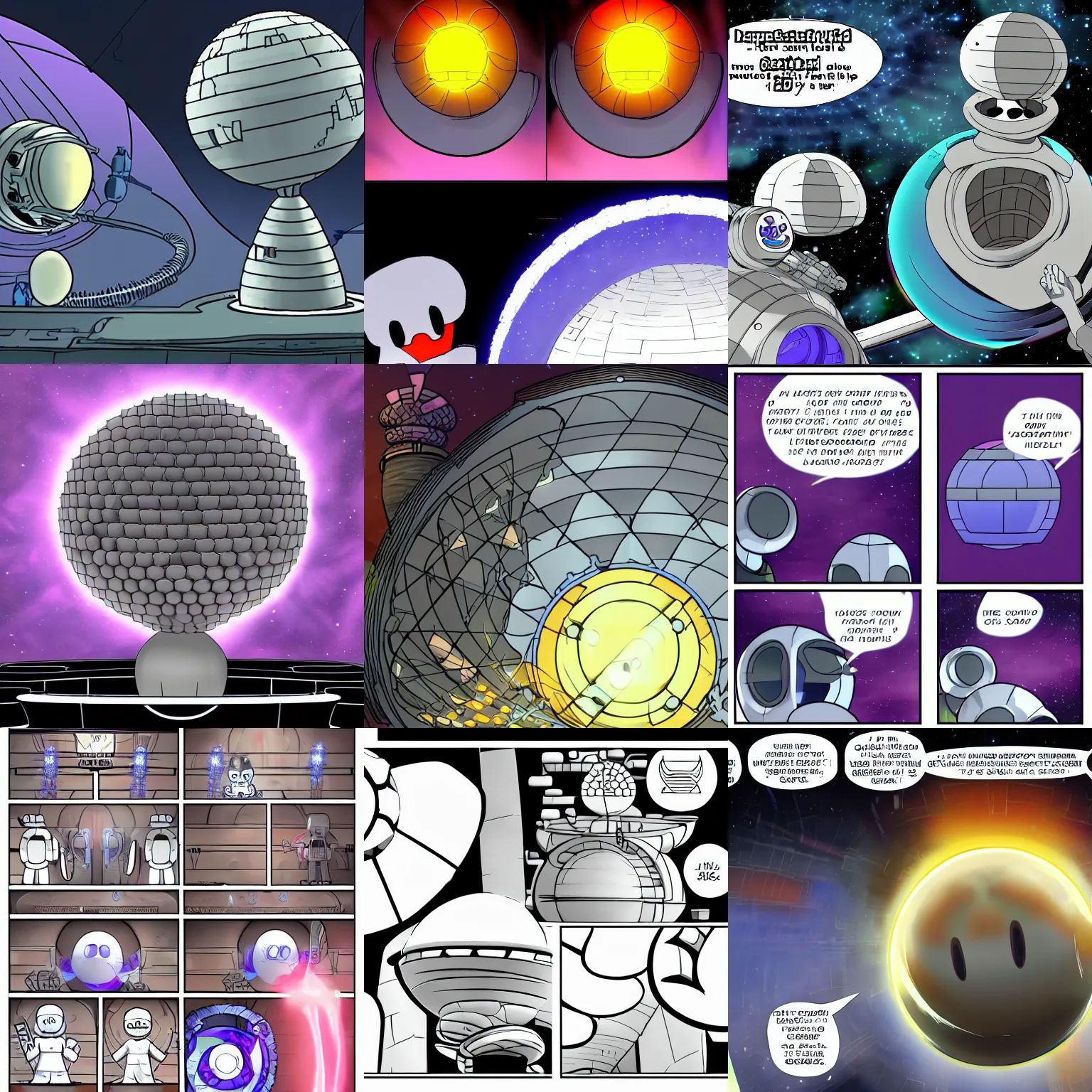 Prompt: gaster and kirby build a dyson sphere