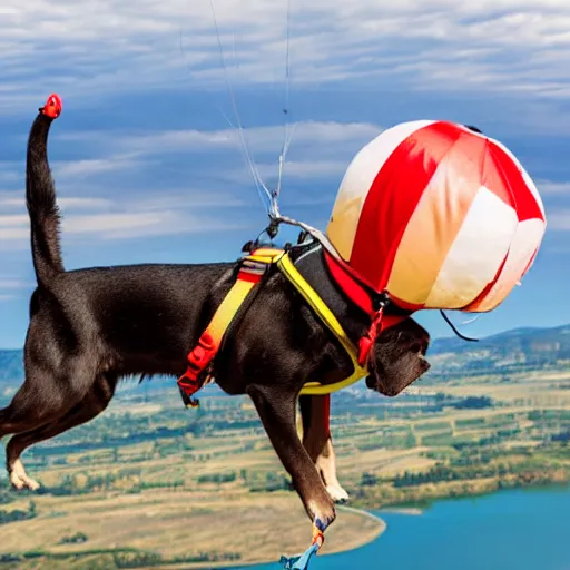 Prompt: a dog parachuting from a helicopter, stock photo