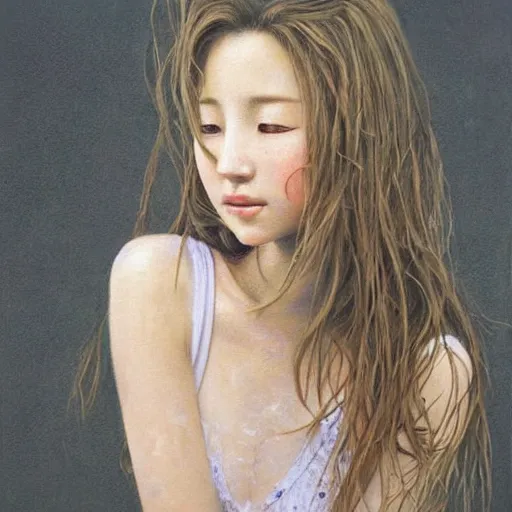 Image similar to photorealistic painting of Aerith Gainsborough captures every detail of the artist’s female subjects, such as their soft skin, flowing hair, and textured clothing. Yasumoto Oka