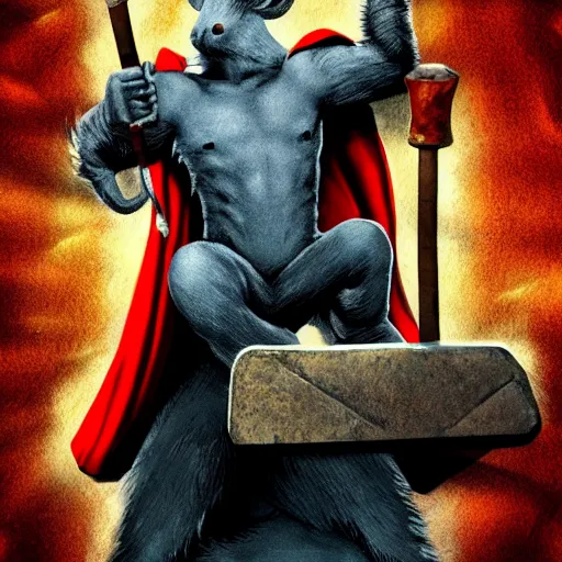 Image similar to the rat thor ~ holding his hammer ~ dramatic thunder background ~ fighting scene ~