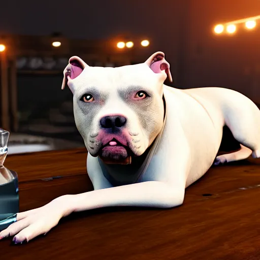 Image similar to pitbull dog drinks whiskey, real life, realistic, detailed, 4 k,