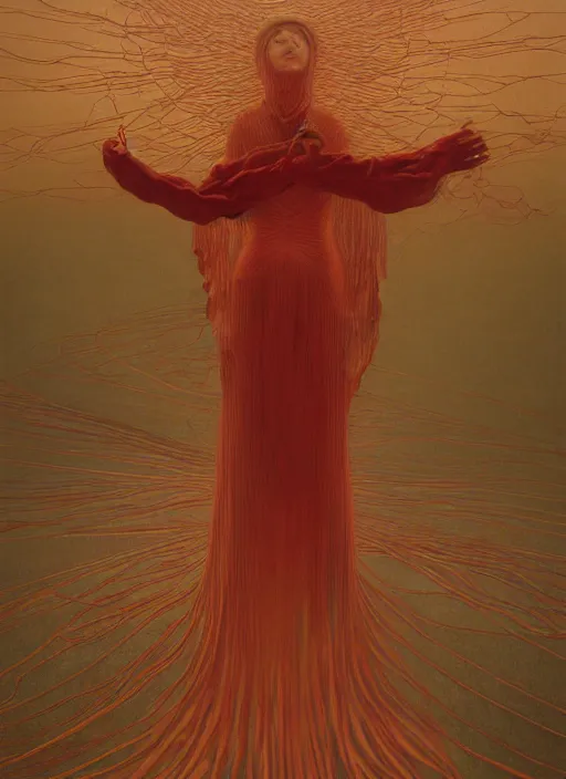 Image similar to Woman masterpiece, red, golden halo behind her head, red wires wrap around, by Edgar Maxence and Ross Tran, Zdzisław Beksiński, and Michael Whelan, distant, gustav dore, H.R. Giger, 8k, octane render