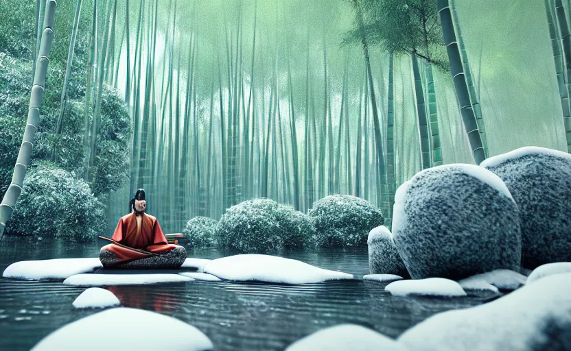 Image similar to a samurai meditating in a snowy bamboo forest, small flowing stream, cinematic action angle, 8k Octane render, ArtStation illustration