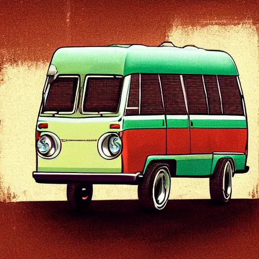 Image similar to retro painting illustration of a volswagen van, 2 d, pastel color, retro style art, trendy on artstation