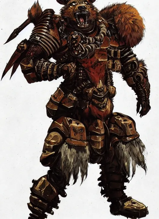 Prompt: Full body portrait of a tall gnoll in light armour with brown fur, emanating menacing aura, vibrant colours, chosen by the god, ornate. In style of Yoji Shinkawa and Hyung-tae Kim, trending on ArtStation, dark fantasy, great composition, concept art, highly detailed, dynamic pose.