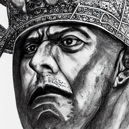 Prompt: a close up portrait of a sultan, focused gaze, art station, highly detailed, concept art, sharp focus, illustration in pen and ink, 4 k wide angle, by kentaro miura