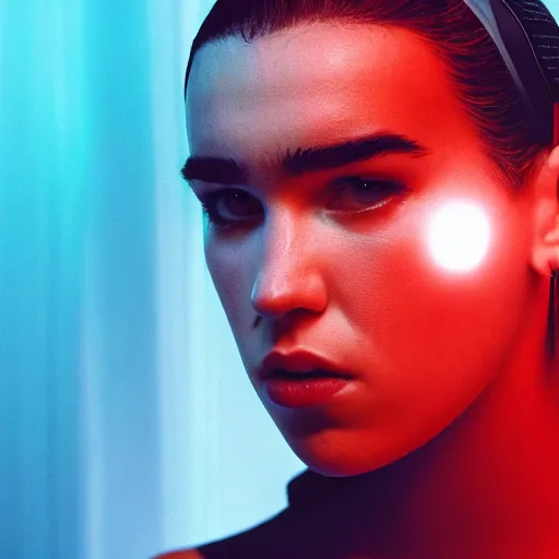 Image similar to movie still of cyborg dua lipa, cinematic composition, cinematic light, criterion collection, by edgar wright