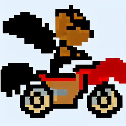 Prompt: squirrel superhero wearing a red cape and riding a motorcycle in pixel art style