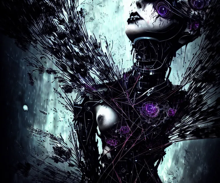 Image similar to gothic mute hybrid cyborg wearing cybor clothes shaping the universe, eerie, cinematic, epic, 8 k, ultra realistic, rendered by awesomeness. | nights falling wind is blowwing snow is pilling concept art in style of carne griffiths artwork by xsullo. | backround of beautiful floweres floatingby elson, peter kemp, peter