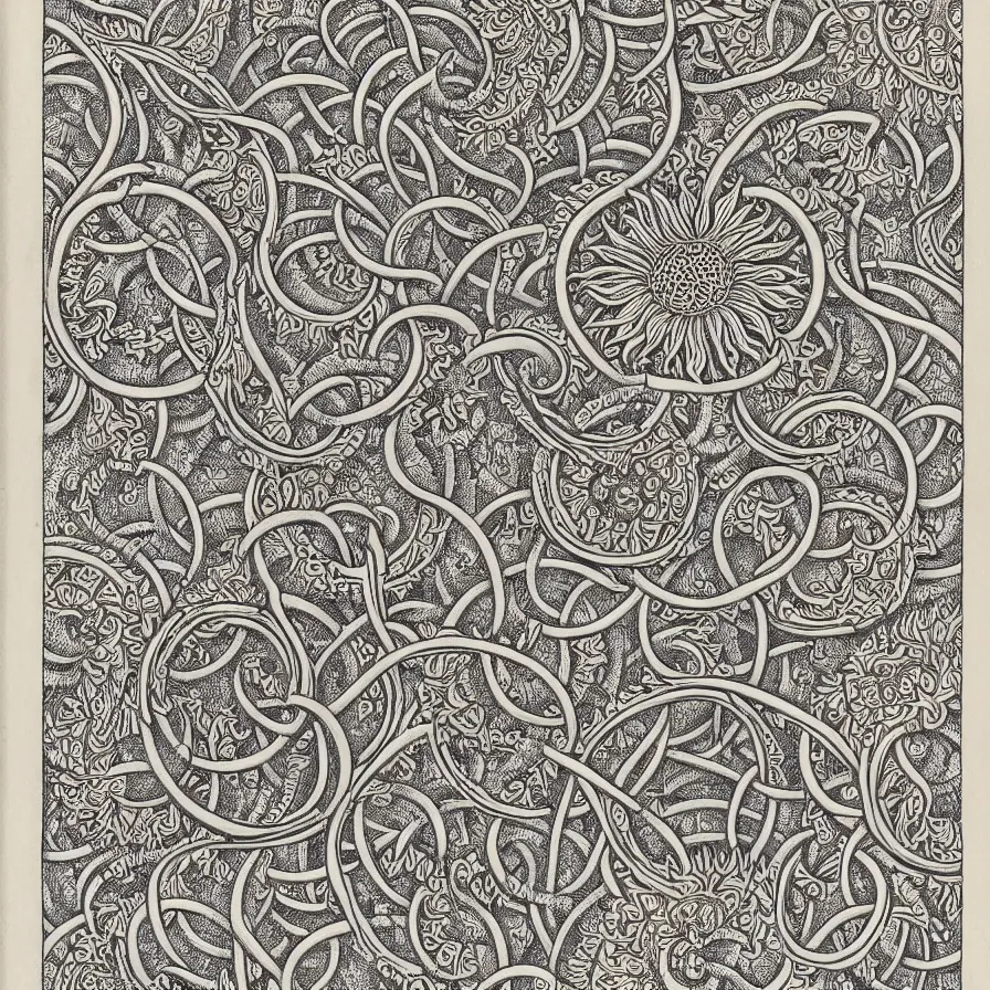 Image similar to an ornate illustration in the styles of mandalas and fractals, the styles of escher and penrose, depicting sunflowers and vines.