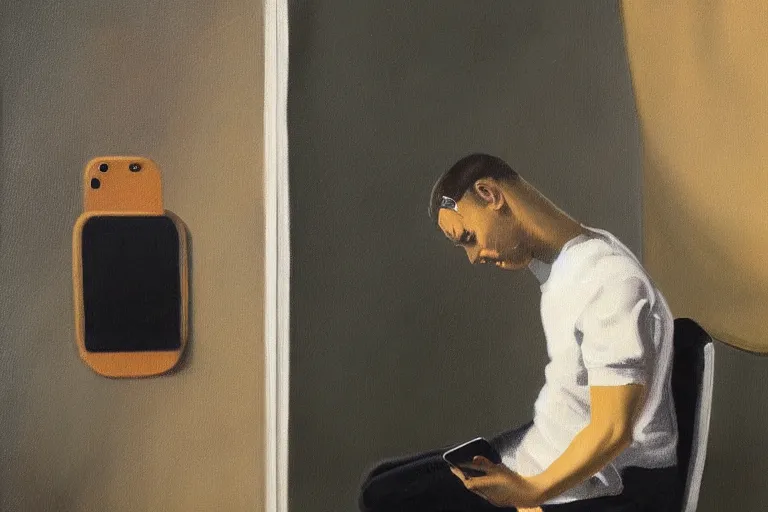 Prompt: a surrealist painting of a man on the toilet watching TikTok on his phone, highly detailed, sharp