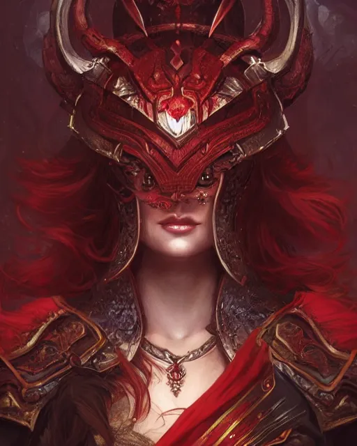 Image similar to Portrait of a Fantasy crimson knight, moonlit, HD, illustration, epic, D&D, fantasy, intricate, elegant, highly detailed, digital painting, artstation, concept art, smooth, sharp focus, illustration, art by artgerm and greg rutkowski and alphonse mucha, monster hunter illustrations art book