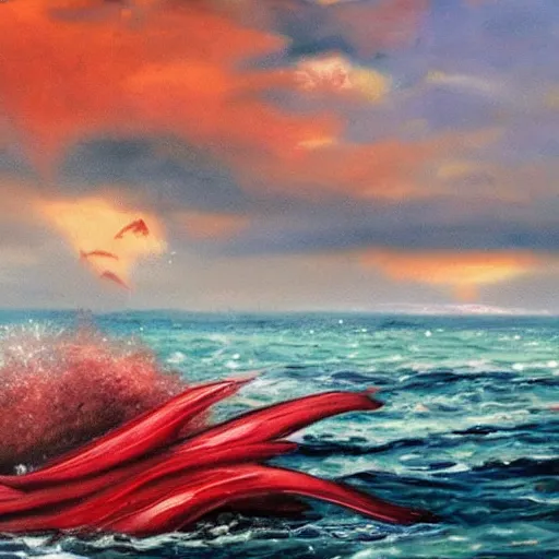 Image similar to nice picture. red lightning in the sea. painting