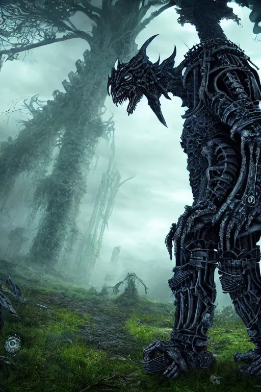 Image similar to post - gothic giant creepy chimera, exoskeleton armor, holding katana, dystopian ruins covered in vegetation, highly detailed smooth digital art masterpiece, vitaly bulgarov giger dramatic dark blue light, ground angle hd 8 k, sharp focus