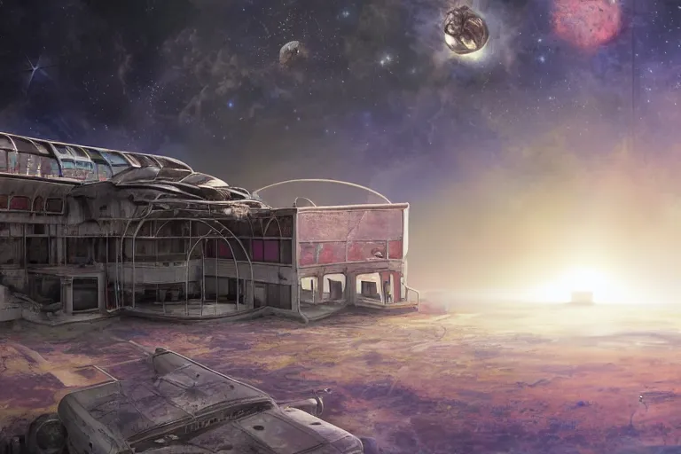 Image similar to matte painting of an outside view of abandoned space station in the deep space