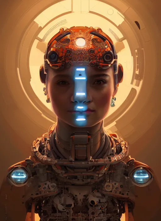 Image similar to symmetry!! portrait of a hybrid robot astronaut, round machine face, floral! horizon zero dawn machine, intricate, elegant, highly detailed, digital painting, artstation, concept art, smooth, sharp focus, illustration, art by artgerm and greg rutkowski and alphonse mucha, 8 k