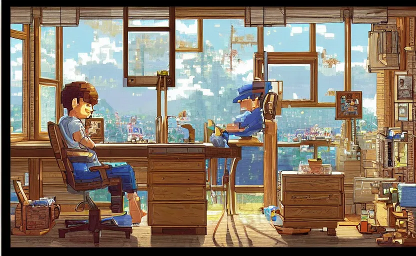 Image similar to Character sitting and relaxing in front of their work desk in their cozy room as a peaceful scene is seen through the room's window. Smooth Highly detailed masterpiece pixel-art. in the style of Close Highly detailed masterpiece professional artistry Sega, Namco, Neogeo, Capcom artist's Pixel-art. Trending on artstation. Slice-of-life genre art. Balanced colors and lighting scheme by James Gurney and artgerm. In the style of a 'Music to chill/study' to youtube video.