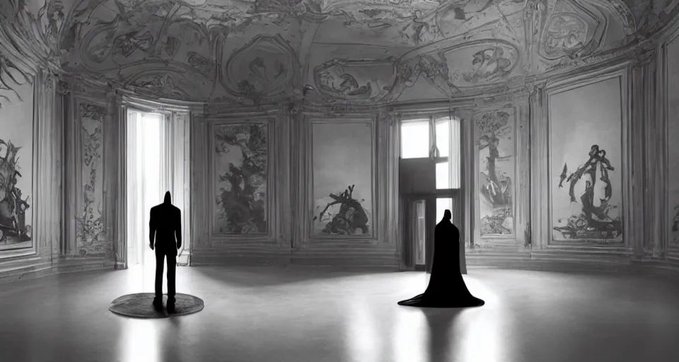 Image similar to Batman standing in giant Italian modern castle living room, clean minimalist design, that is 1300 feet tall, with very tall giant walls filled with modern art paintings, doors that are cosmic portals, photo by Annie Leibovitz