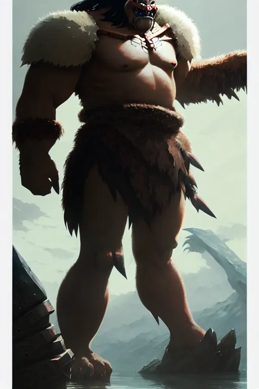 Image similar to orc barbarian wearing leather armor, full body shot, exquisite details, earth magic, mid view, design on a white background, by greg rutkowski, makoto shinkai, takashi takeuchi, studio ghibli