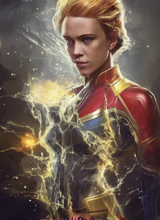 Image similar to Scarlett Johansson as Captain Marvel, fantasy, intricate, elegant, highly detailed, digital painting, artstation, concept art, smooth, sharp focus, illustration, art by artgerm and greg rutkowski and alphonse mucha