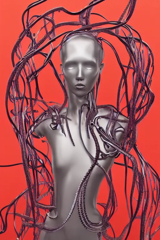 Prompt: machine cover art arms!!!! lips!!! siew pui yi unwrapped statue bust curls of hair petite lush front side view body unfolds photography model full body curly jellyfish lips wire art contrast vibrant futuristic fabric skin jellyfish material metal veins and human anatomy in the style of jonathan zawada, thisset colours simple background objective, realistic body structure