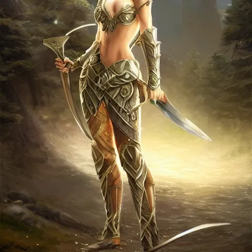 Prompt: standing elf with armor of rivendel and a curve long sword in full bod and detailed face, epic masterpiece of cinematographic hyperrealism, realistic shaded lighting poster by craig mallismo, artgerm, jeremy lipkin and michael garmash, unreal engine, radiant light, detailed and intricate environment, digital art, art station trends