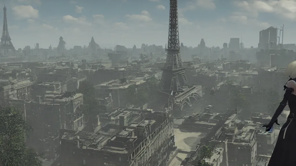 Image similar to Screenshot from Nier Automata, near the Eiffel tower in Paris