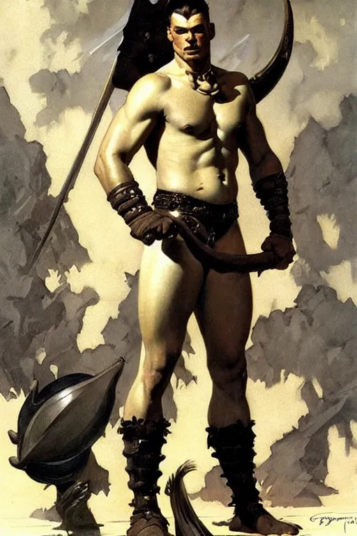 Image similar to warrior, attractive male, character design, painting by j. c. leyendecker, gaston bussiere, frank frazetta, tom of finland, trending on artstation