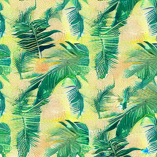 Image similar to repeating pattern seamless. watercolor. tropical palm leaves, warm light, gold and green, hyperrealistic, detailed