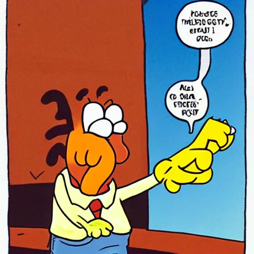 Prompt: garfield points a gun at odie, illustrated by jim davis
