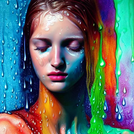 Prompt: portrait of girl in uniquely colored rain with wet hair and face, liquid drops, revelation, epiphany, bliss, fantasy, intricate, elegant, dramatic lighting, highly detailed, lifelike, photorealistic, digital painting, artstation, concept art, smooth, sharp focus, illustration, art by John Collier and Albert Aublet and Krenz Cushart and Artem Demura and Alphonse Mucha