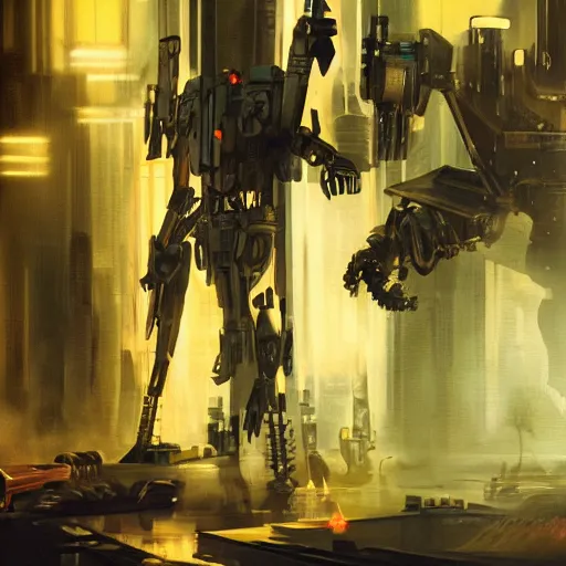 Image similar to mecha made from kitchen utensils, dark messy smoke - filled cluttered workshop, dark, dramatic lighting, orange tint, cinematic, highly detailed, sci - fi, futuristic, movie still from blade runner