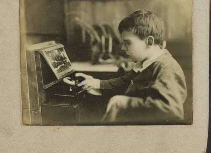 Image similar to a daguerrotype photo of a boy playing videogames, award winning photo