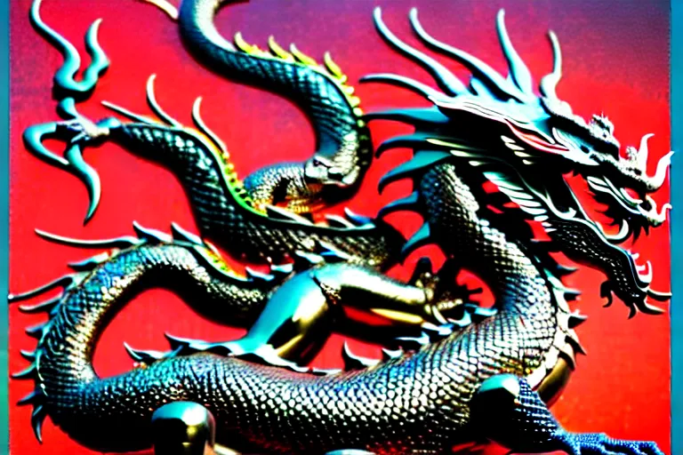 Image similar to metallic dragon god, worship him. ra prostrated, glistening aura. futuristic chinese