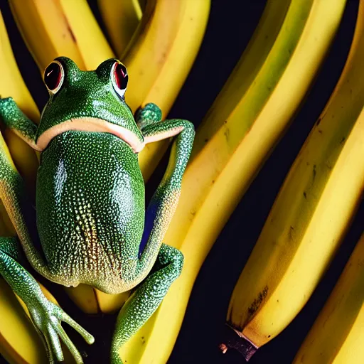 Prompt: a frog made of bananas, close - up professional photography, white background, studio lighting