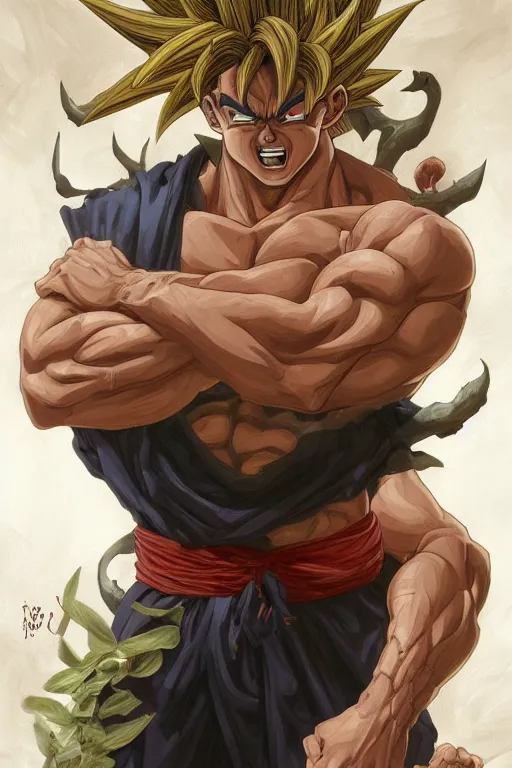 Image similar to portrait of goku as a herculian demon man, forest, full body, muscular, fantasy, intricate, elegant, highly detailed, digital painting, artstation, concept art, sharp focus, illustration, art by artgerm and greg rutkowski and alphonse mucha