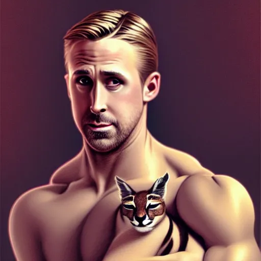 Prompt: Muscular Ryan Gosling holding cute caracal, portrait, sci-fi, fantasy, intricate, elegant, highly detailed, digital painting, artstation, concept art, smooth, sharp focus, illustration, art by artgerm and greg rutkowski and alphonse mucha