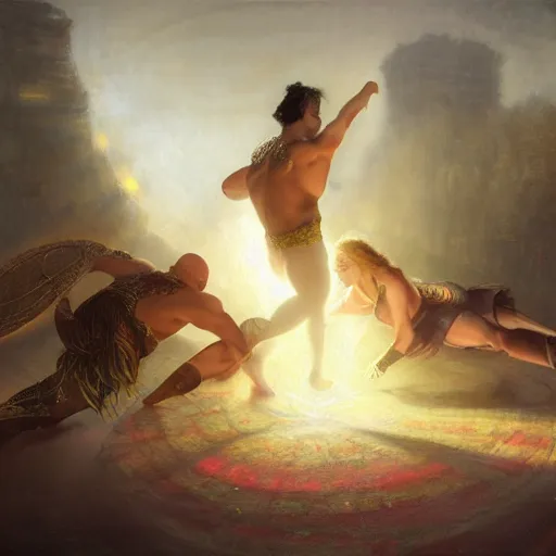 Image similar to bald wrestler breaking blonde wrestler's back, radiant light, caustics, heroic, bright iridescent light, by gaston bussiere, bayard wu, greg rutkowski, maxim verehin, epic wrestling combat, legendary