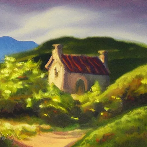 Image similar to landscape painting of bag - end, tolkein, painting by bob ross